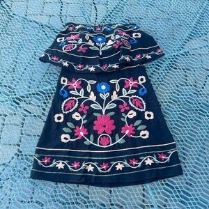 Embroidered Off-Shoulder Mini Dress - Black with Pink & Blue Floral